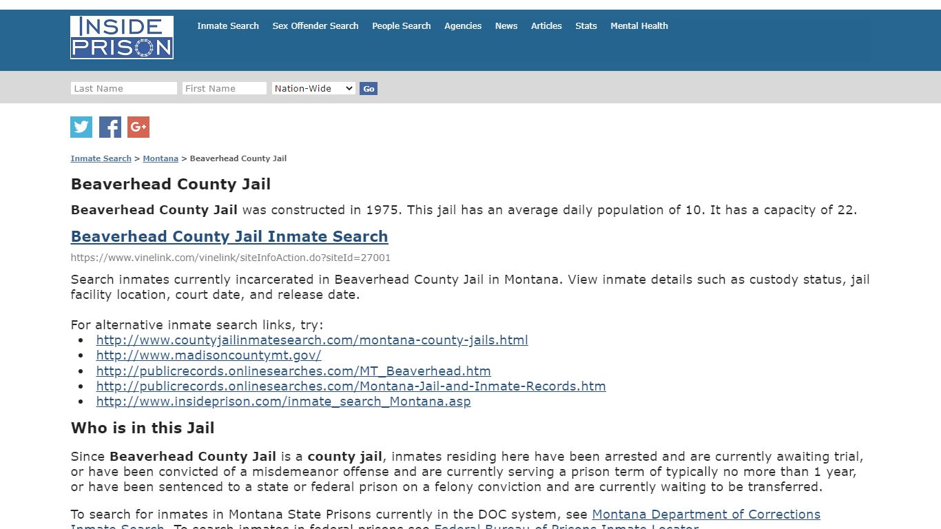 Beaverhead County Jail - Montana - Inmate Search